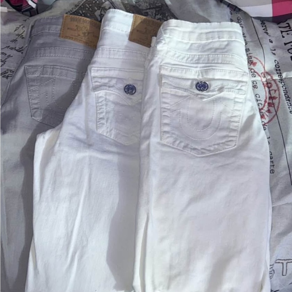White and Gray Jeans with Logo Patch